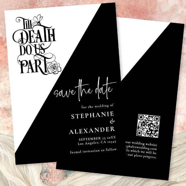 Gothic Schwarz-weiß Till Death Do us Part Wedding Save The Date (Front and back view)