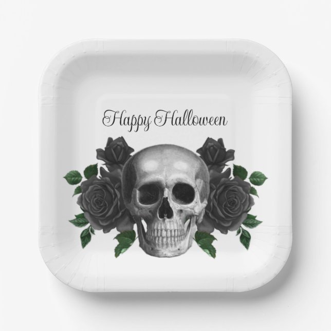 Gothic Schwarze Florale Schädel Halloween Pappteller (Vorderseite)