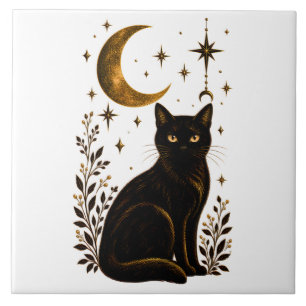 Gothic Schwarze Katze Himmelsmond Botanisch Fliese
