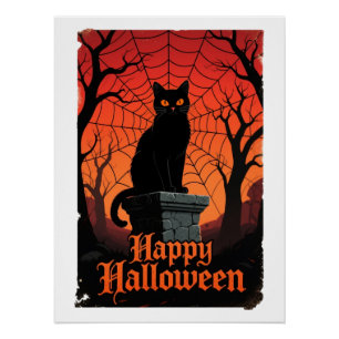 Gothic Schwarze Katze Spinnennetz Vintage Hallowee Poster