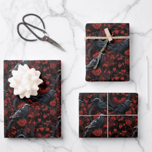 Gothic Schwarze Krähen und rote Rosen Geschenkpapier Set