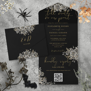Gothic-Schwarze und goldene Rosen QR-Code-Hochzeit All In One Einladung