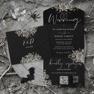 Gothic-Schwarze-und-Weiße-Rosen-QR-Code-Hochzeit All In One Einladung