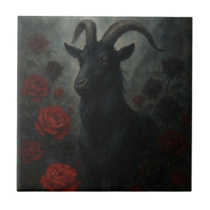 Gothic Schwarze Ziege mit roten Rosen Dark Art Fliese