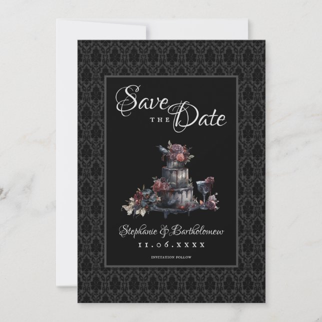 Gothic Schwarzer Damast Foto Save The Date (Vorderseite)