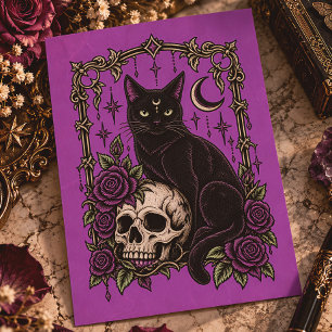 Gothic schwarzer Katzen-Schädel violette Rosen Postkarte