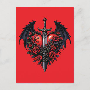 Gothic Schwert Herz mit Fledermausflügeln Postkart Postkarte