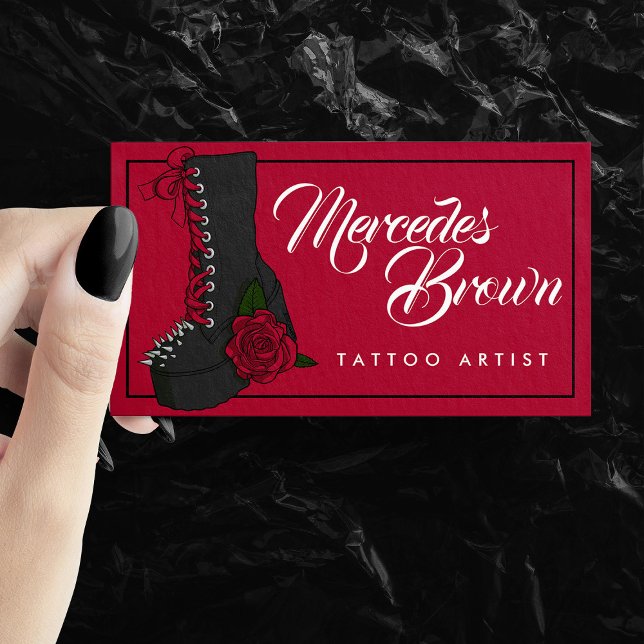 Gothic Script Boot Red Tattoo Artist Business Card Visitenkarte (Gothic Script Boot Red Tattoo Artist Business Card)