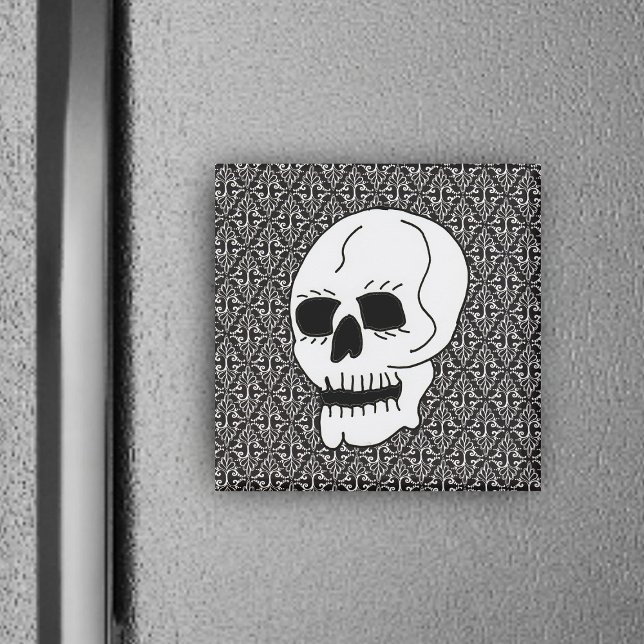 Gothic Scroll und Skull Magnet (White skull on black and white fancy damask pattern with scrolls on square magnet.)