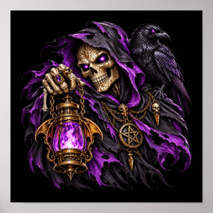 Gothic Sensenmann und Rabenposter - Lila Flamme Poster