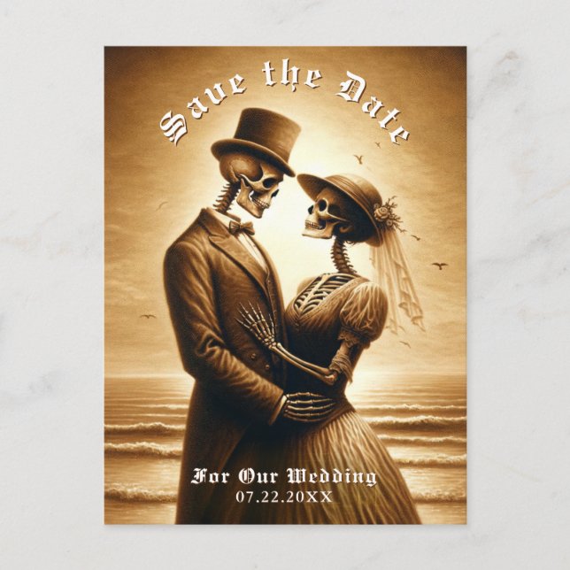 Gothic Sepia Skeleton Couple Wedding Save the Date Ankündigungspostkarte (Vorderseite)