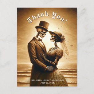 Gothic Sepia Skelett Brautpaar Hochzeit Danke Postkarte