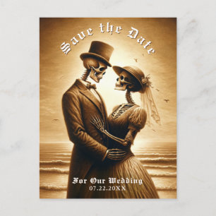Gothic Sepia Skelett-Paar Hochzeit Terminankündigu Ankündigungspostkarte