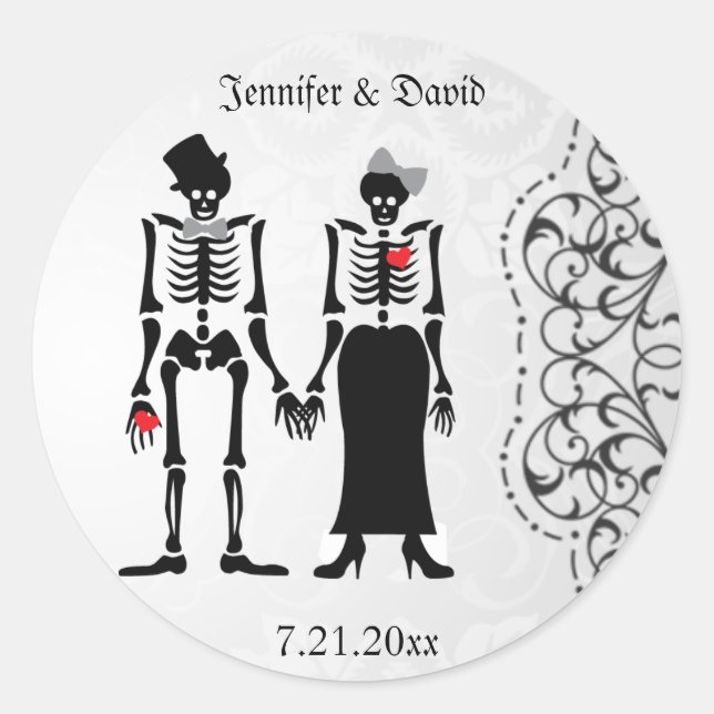 Gothic Skeleton Bride & Groom Save the Date Label Runder Aufkleber (Vorderseite)