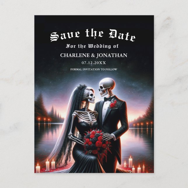 Gothic Skeleton Couple Navy Save the Date Ankündigungspostkarte (Vorderseite)