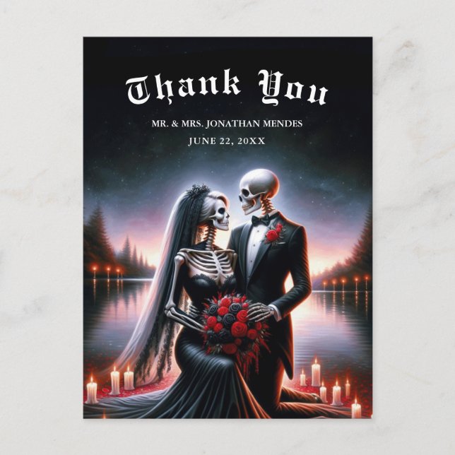 Gothic Skeleton Couple Navy Wedding Thank You Postkarte (Vorderseite)