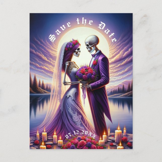 Gothic Skeleton Couple Red Roses Save the Date Ankündigungspostkarte (Vorderseite)