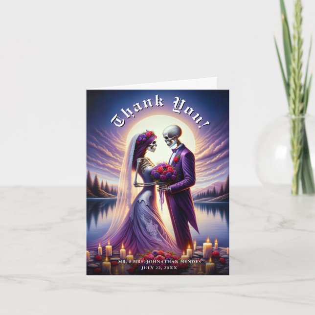 Gothic Skeleton Couple Red Roses Wedding Dankeskarte (Vorderseite)