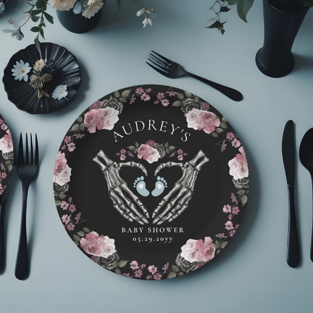 Gothic Skeleton Hands Heart Baby Boy Dusche Pappteller (Gothic Skeleton Hands Heart Baby Boy Shower Paper Plates)