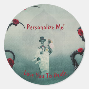 Gothic Skeleton Hochzeit Liebe Sie zu Tode Hinweis Runder Aufkleber