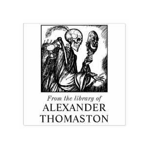 Gothic Skeleton Holding Mask Library Book Name Gummistempel