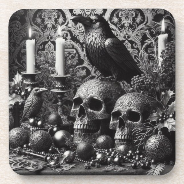 Gothic Skeleton Kerze | Dunkles Monotones Hallowee Getränkeuntersetzer (Vorderseite)