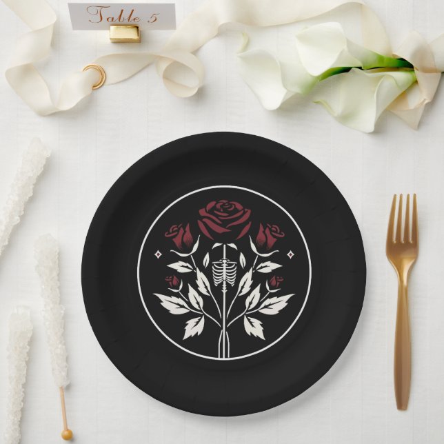 Gothic Skeleton Rib Rose Schwarz Elegante Hochzeit Pappteller (Hochzeit)