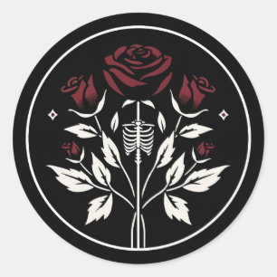 Gothic Skeleton Rib Rose Schwarz Elegante Hochzeit Runder Aufkleber