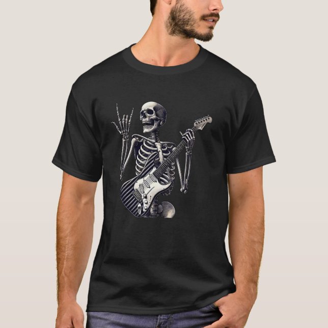 Gothic-Skeleton-Rocker mit E-Gitarre T-Shirt (Vorderseite)