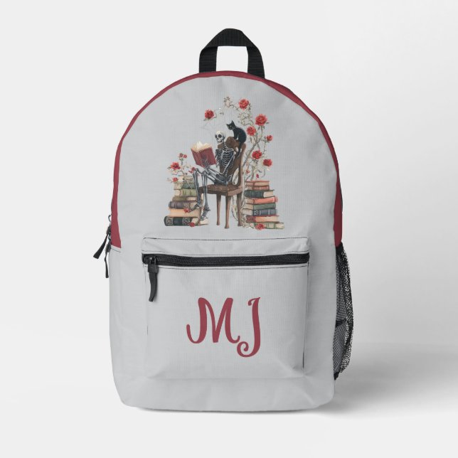 Gothic Skeleton Scholar Leserbuch & Black Cat Bedruckter Rucksack (Vorderseite)
