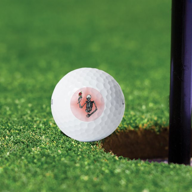 Gothic Skeleton Single Rote Rose Golfball (Skeleton holding single red rose on stem on pink background on golf balls.)