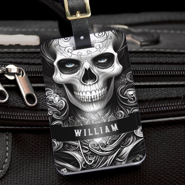 Gothic Skeleton Skull Black and White Name Gepäckanhänger (Gothic Skeleton Skull Black and White Name Luggage Tag)