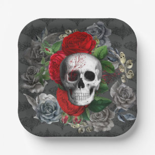 Gothic Skeleton Skull Rote Rosen Graues Blumenpapi Pappteller