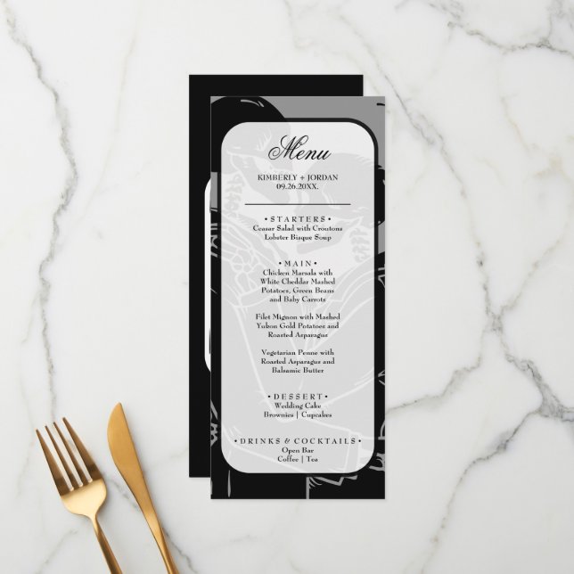 Gothic Skeletons Black and White Wedding Menu Menükarte (Vorderseite/Rückseite Beispiel)