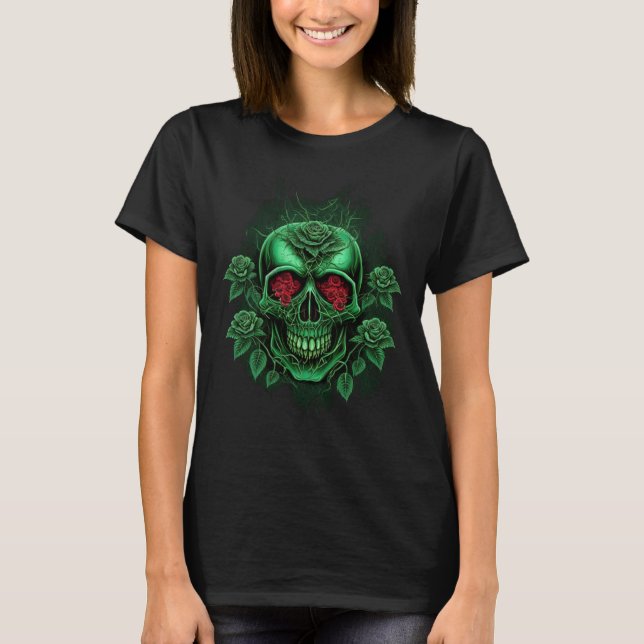 Gothic-Skelett-Ästhetik grünes Skelett mit Rose T-Shirt (Vorderseite)