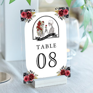 Gothic-Skelett-Paar-Rosen-Hochzeit-Tischnummer Acryleinladungen