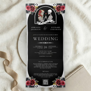 Gothic Skelett-Paar Rosen Schwarzer QR-Code Hochze Dreifach Gefaltete Einladung