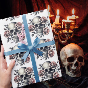 Gothic-Skelett Rosa Blumen Süß Romantisch Geschenkpapier