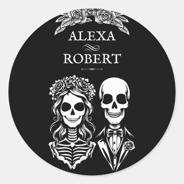 Gothic Skelett Rose Paar Hochzeitsticker Runder Aufkleber (Vorderseite)
