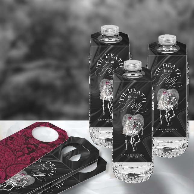 Gothic Skelettons 'Til Death Party Burgundy ID866 Flaschenanhänger (Front/Back In Situ)