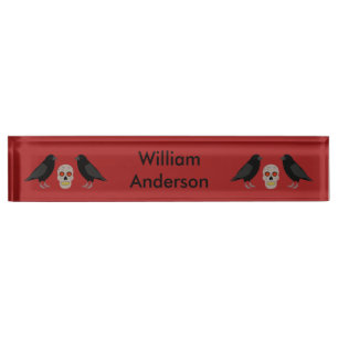 Gothic Skull and Guardian Ravens Halloween Custom Namensplakette