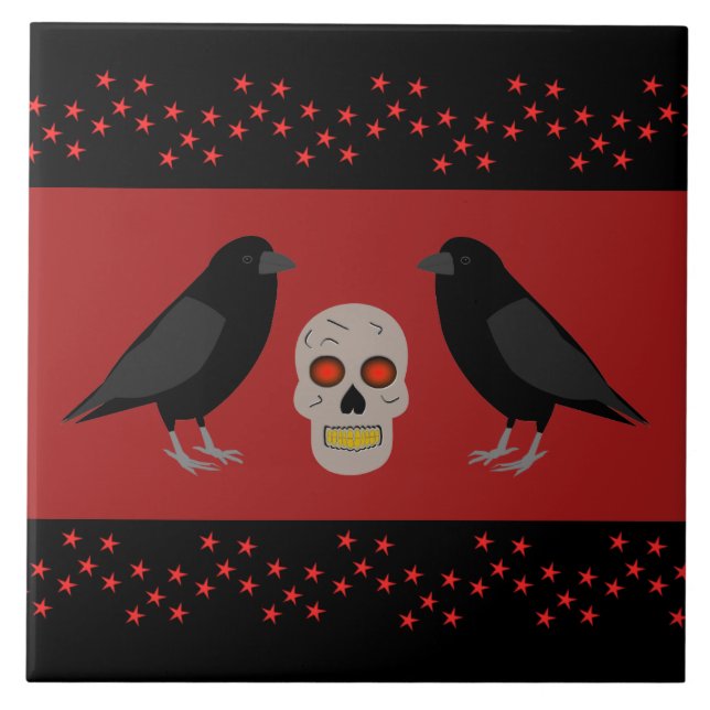 Gothic Skull and Guardian Ravens Halloween Fliese (Vorderseite)