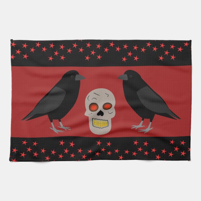 Gothic Skull and Guardian Ravens Halloween Geschirrtuch (Horizontal)