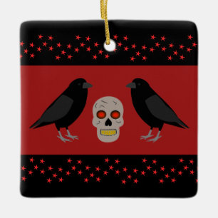 Gothic Skull and Guardian Ravens Halloween Keramikornament