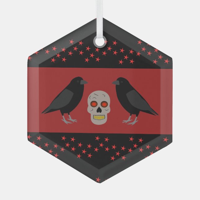 Gothic Skull and Guardian Ravens Halloween Ornament Aus Glas (Vorderseite)
