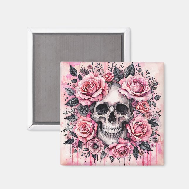Gothic Skull and Pink Roses Wasserfarbe Kunst Magnet (Vorderseite/Rückseite)