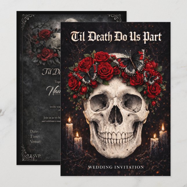 Gothic Skull and Roses Wedding Invitation Einladung (Vorne/Hinten)