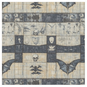 Gothic Skull & Bat Denim Collage Stoff