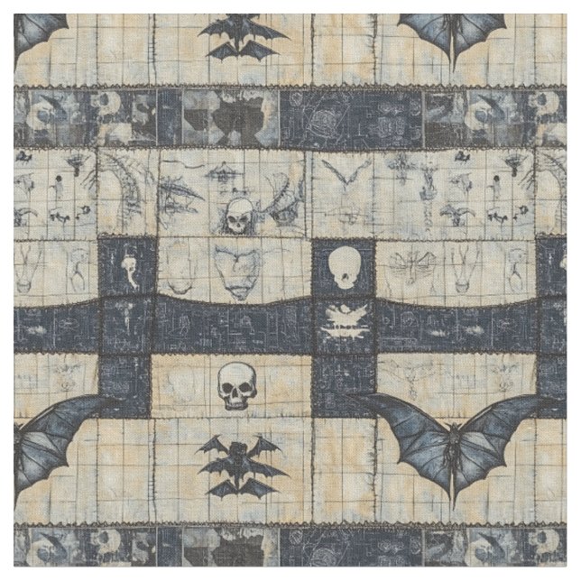 Gothic Skull & Bat Denim Collage Stoff (Nahaufnahme)