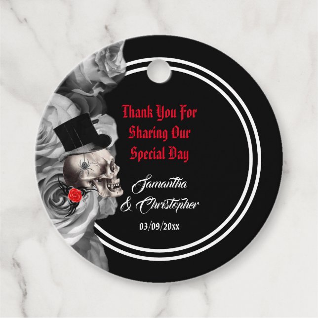 Gothic Skull Biker oder Rock Black Hochzeit danke Geschenkanhänger (Vorderseite)